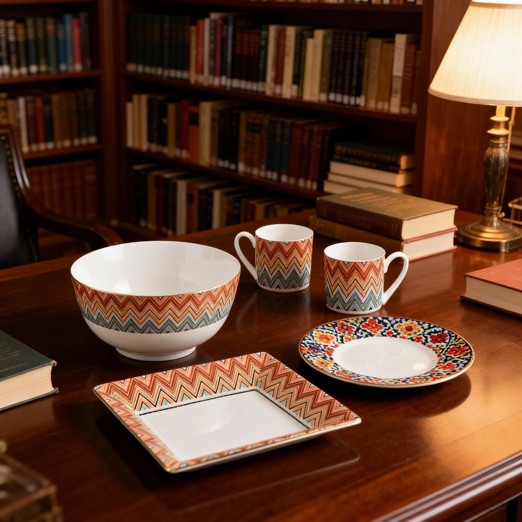 Luxury ceramic coffee set - complete bone china tableware with espresso cups, saucers, tea mugs, plates, bowls, and dessert dishes