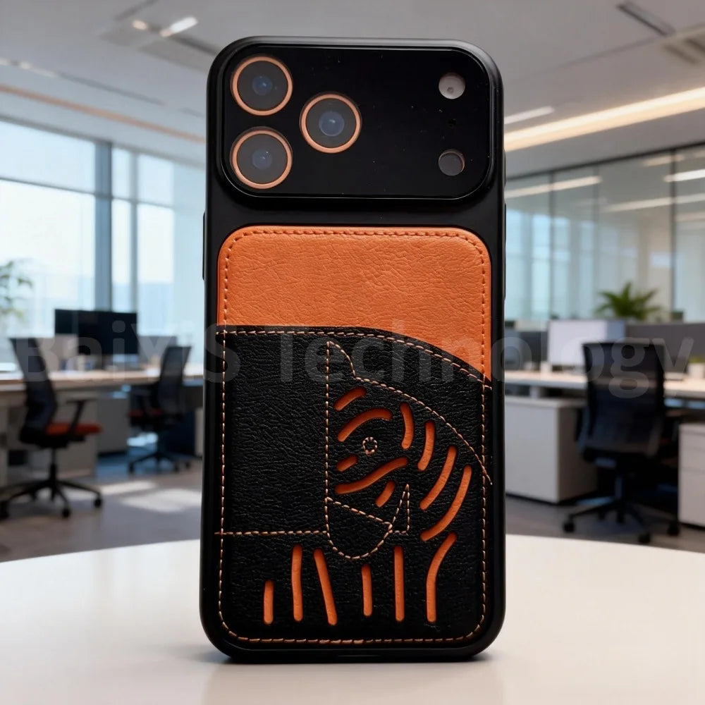 Leather wallet phone case - black brown with card holder and lens protector for iPhone