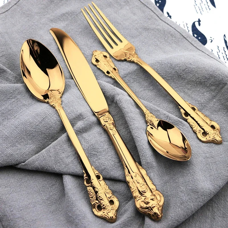 Vintage gold flatware set - 24 pieces of gold-plated stainless steel cutlery with intricate engraving