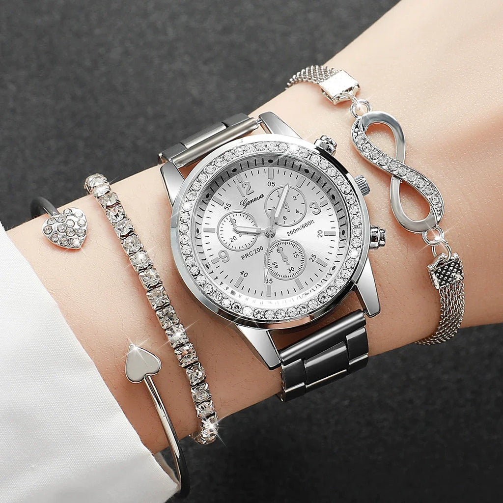 Elegant Ladies Quartz Watch Set - Luxury Rhinestone Steel Band