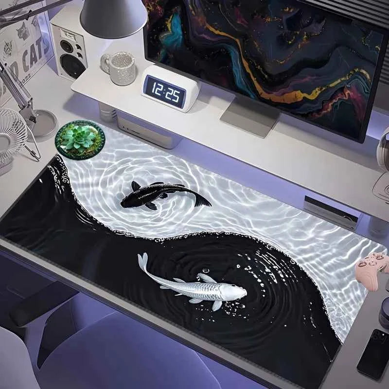 Tai Chi Koi patterned gaming mouse pad non-slip rubber base precision stitched edges waterproof rectangular desk mat office game