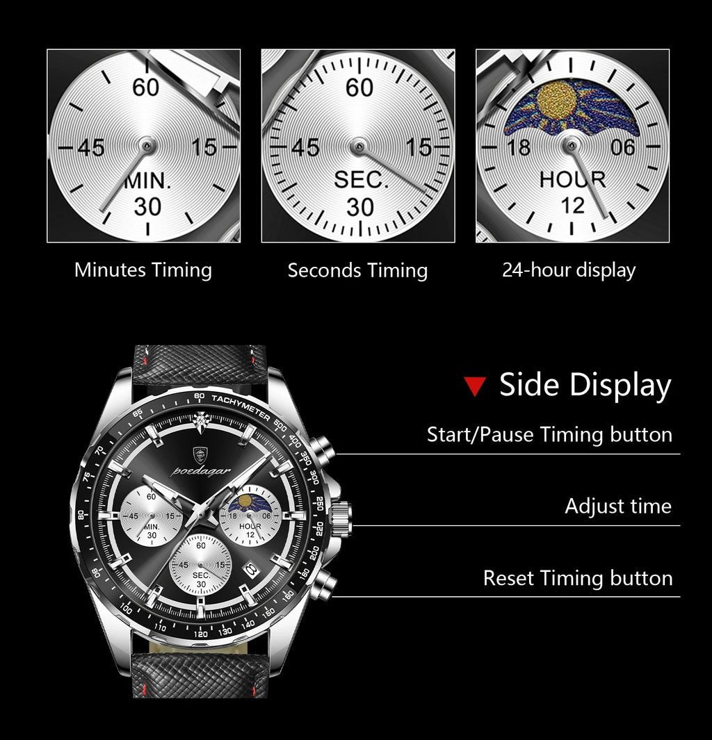 Premium Men's Leather Chronograph Watch - Luminous & Waterproof