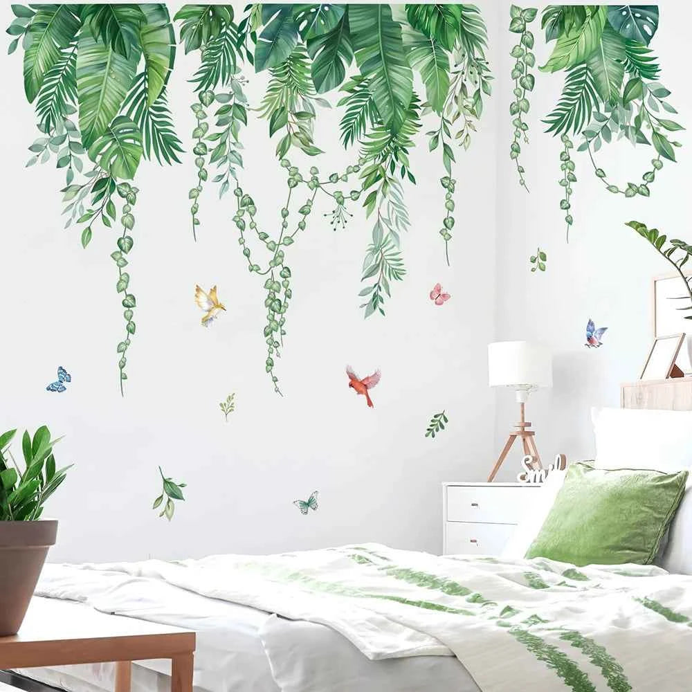 Green Tropical Leaves Wall Stickers - Removable PVC Palm Leaf Vine Decals for Bedroom & Living Room Decor - Tulique
