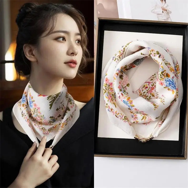 Luxury Silk Square Scarf - Magnetic Buckle & Print