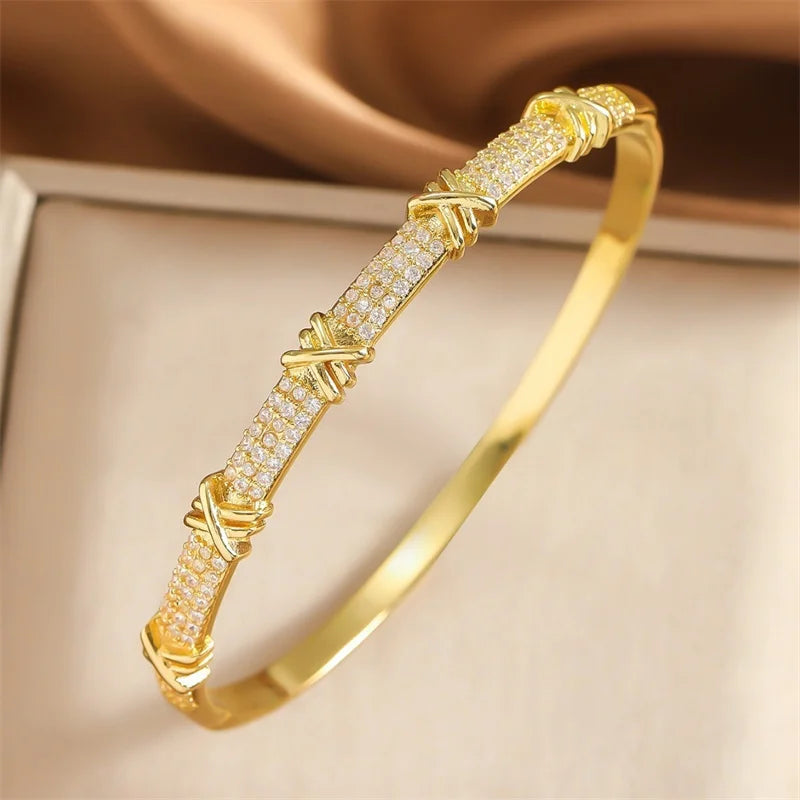 Luxury Cross Charm Bracelet - Gold-colored bangle with pave-set zircon cross charm