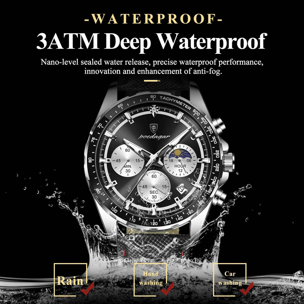 POEDAGAR Fashion Men's Watches High Quality Luminous Waterproof Male Wristwatch Leather Chronograph Date Sports Quartz Men Clock