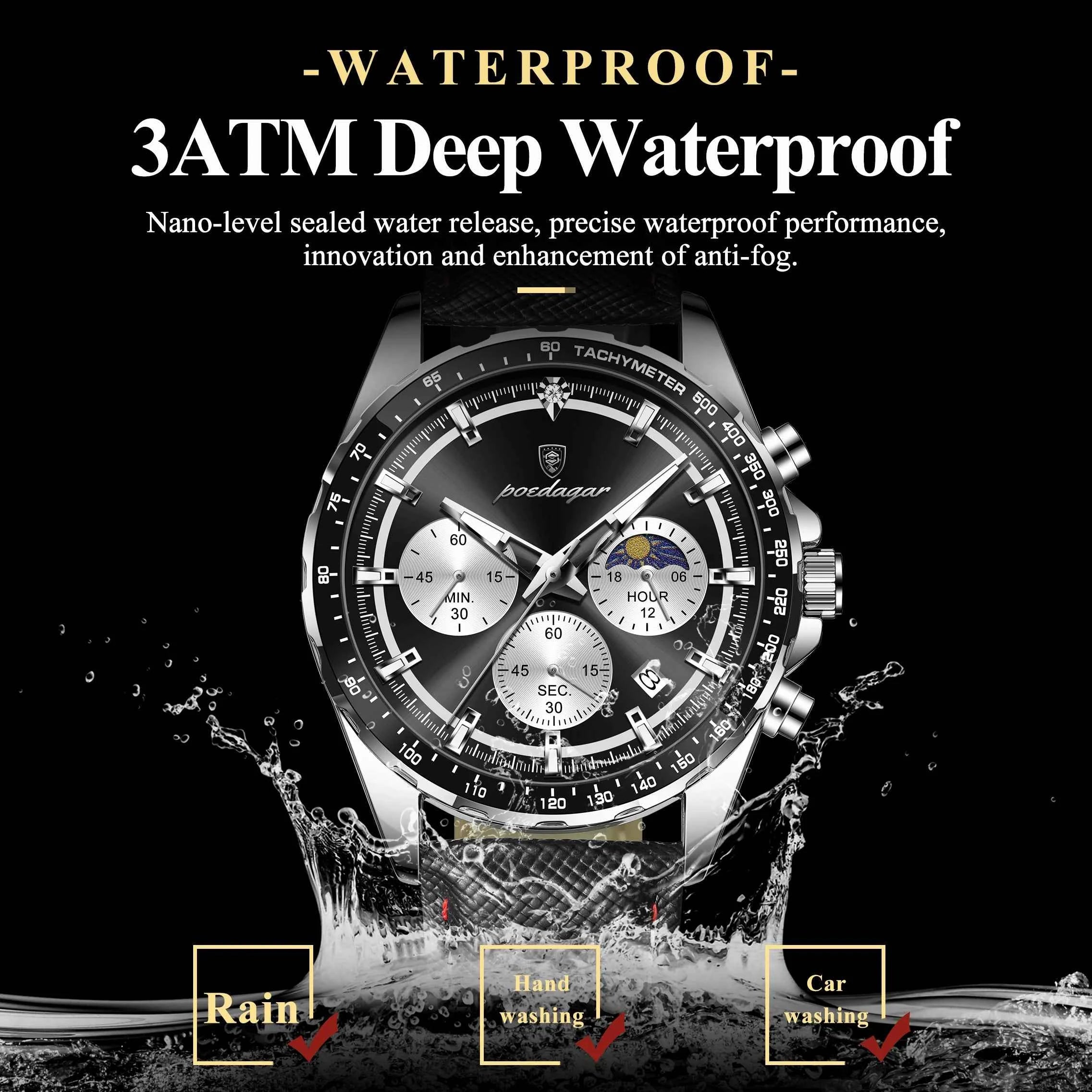 POEDAGAR Fashion Men's Watches High Quality Luminous Waterproof Male Wristwatch Leather Chronograph Date Sports Quartz Men Clock