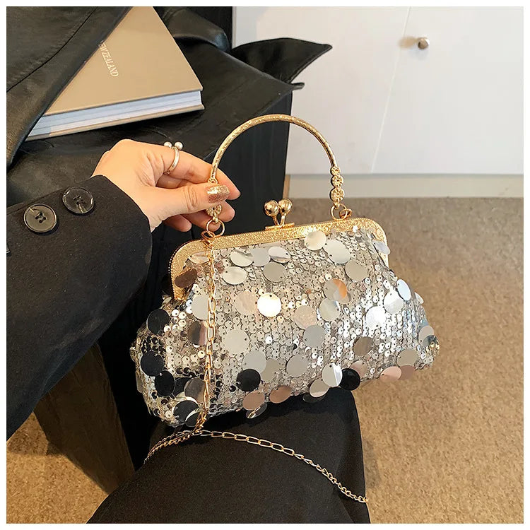 Elegant Sequins Evening Clutch Bag - Bling Chain Strap