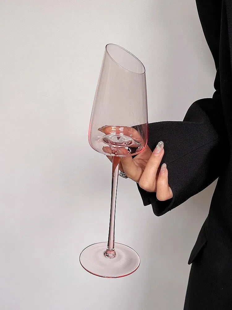 Elegant Pink Vintage Wine Glass - Slanted Mouth Design