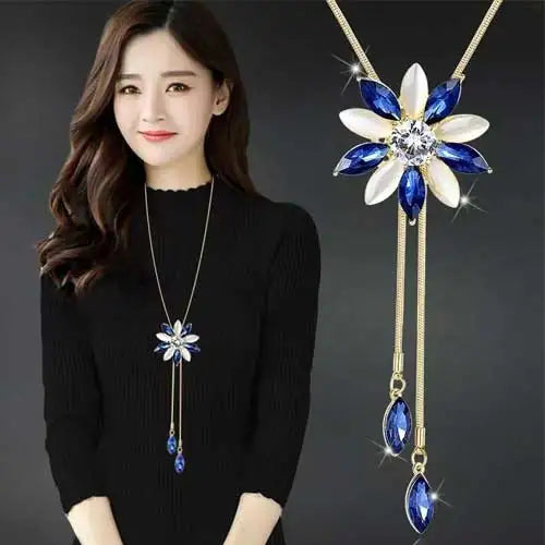 Luxury Crystal Flower Long Sweater Necklace - Elegant Pendant