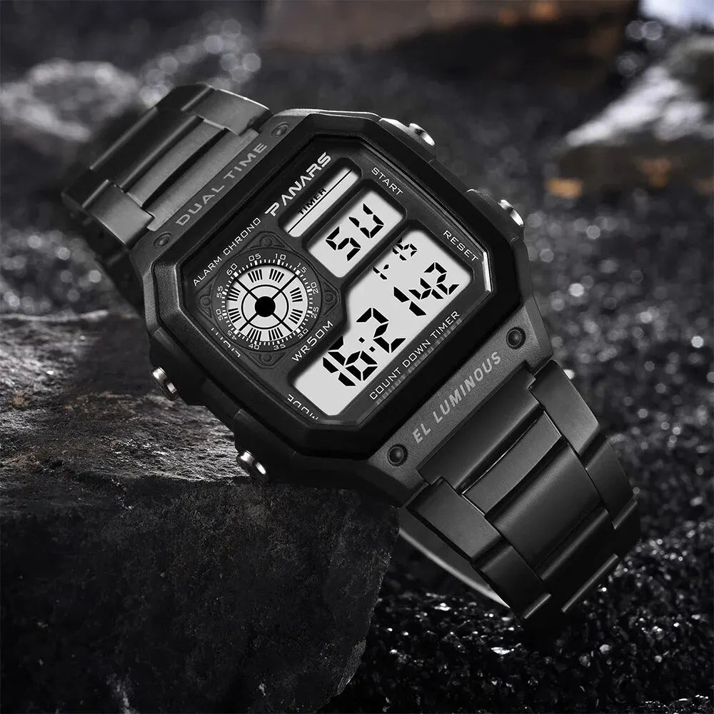 Luxury Men's Digital Watch - Stainless Steel Sport Wristwatch