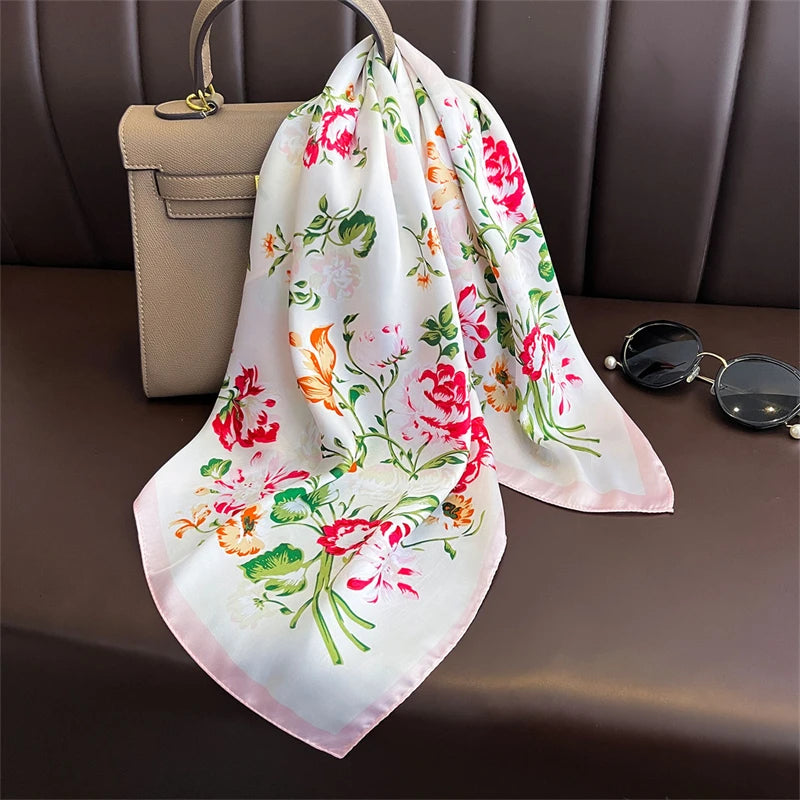 Elegant Bohemian Silk Square Scarf - Floral Satin Neck Scarf