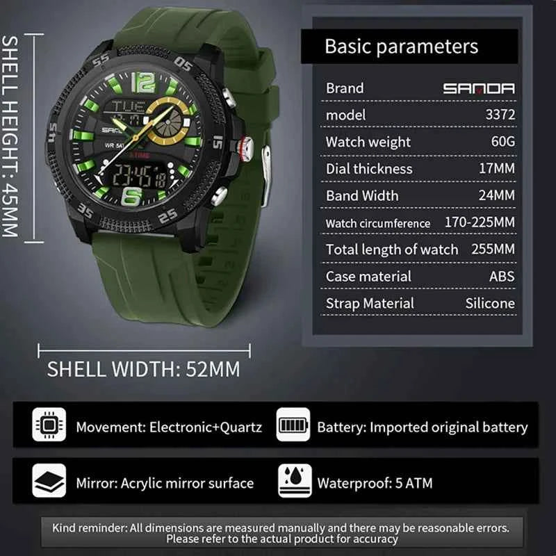 SANDA Top Brand LED Men Watch Sports Dual Time Display Digital Luminous Week Date Man Wristwatch Electronic Quartz Men's Watches