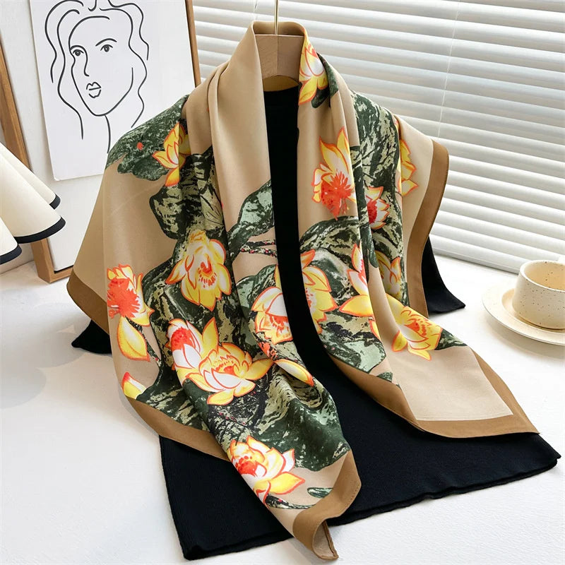 Luxury Square Silk Scarf - Elegant Tree Print Neck Shawl