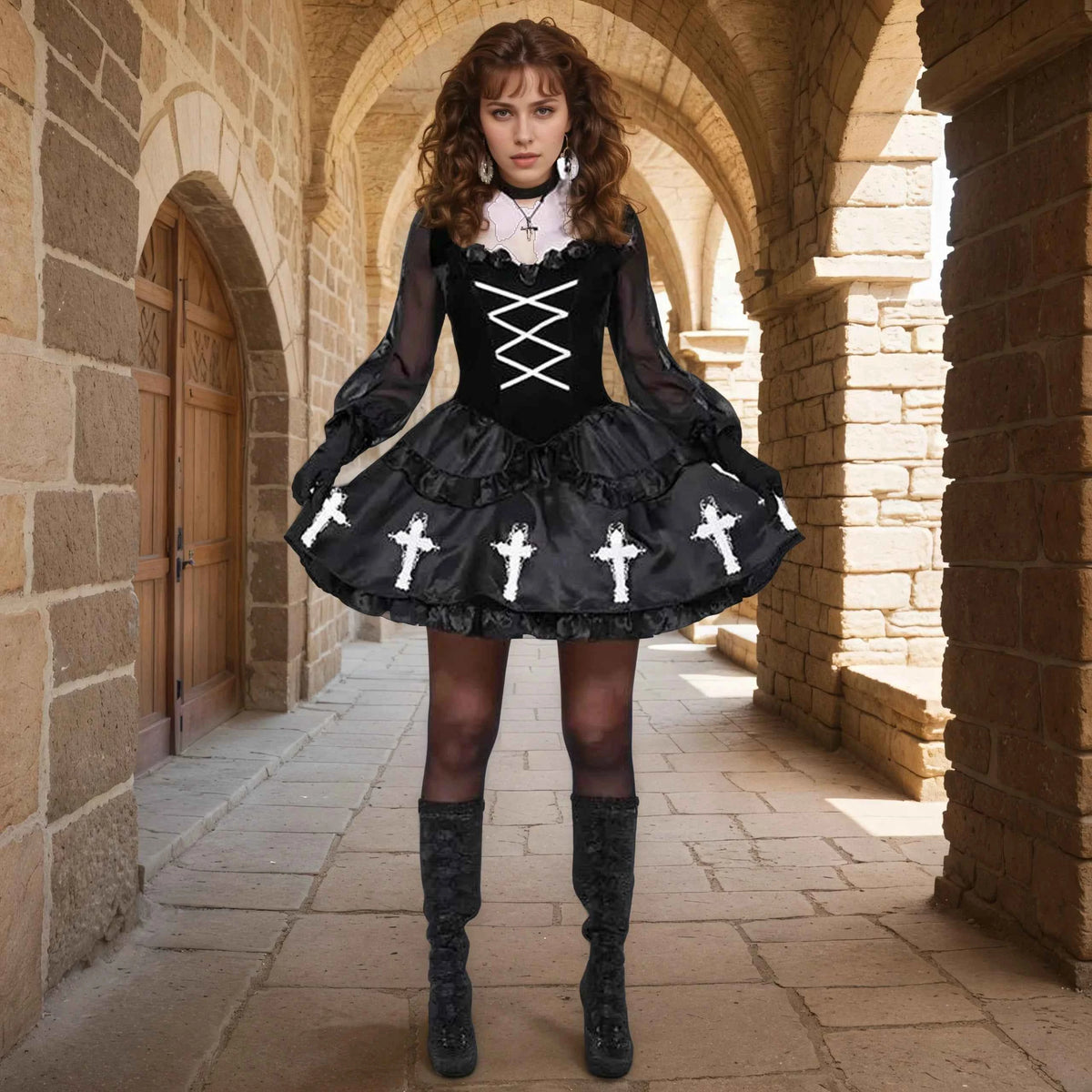 Premium Dark Nun Costume - Gothic Vampire Witch Role Play Dress