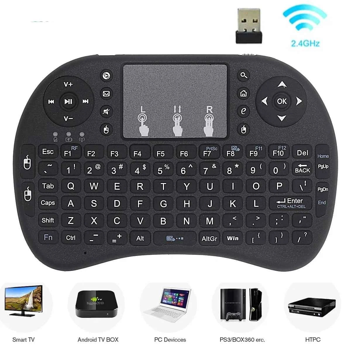 Mini wireless keyboard with air mouse and touchpad - black, backlit keys, ergonomic design for Android TV
