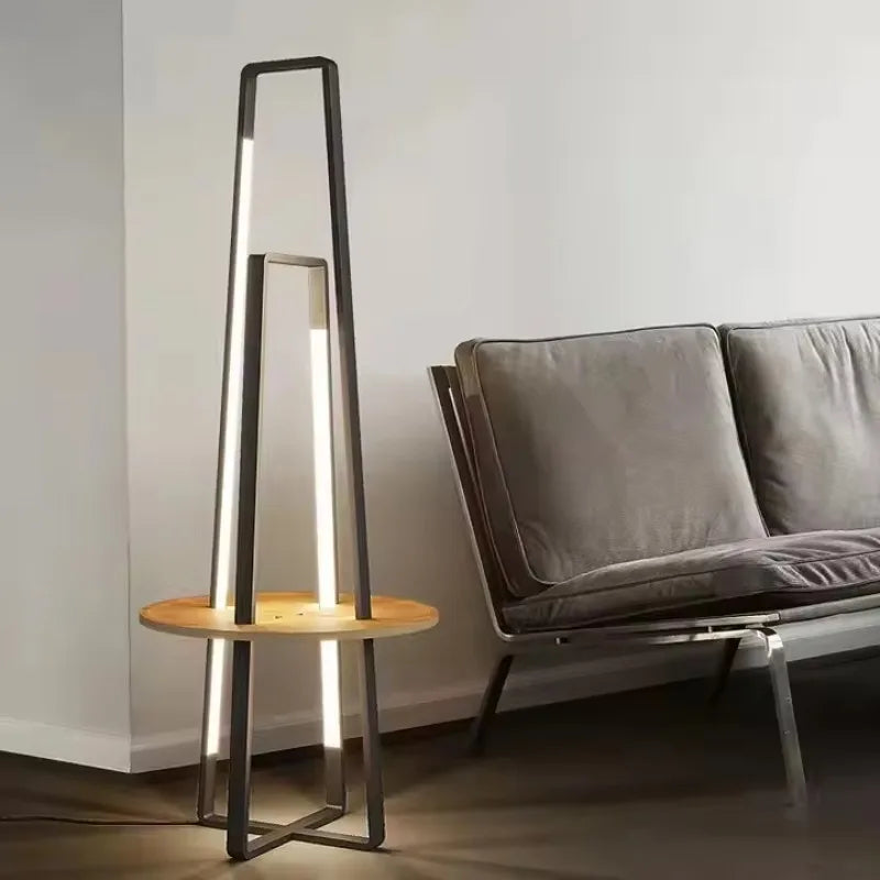 Art desk floor lamp - elegant black floor lamp with integrated storage rack