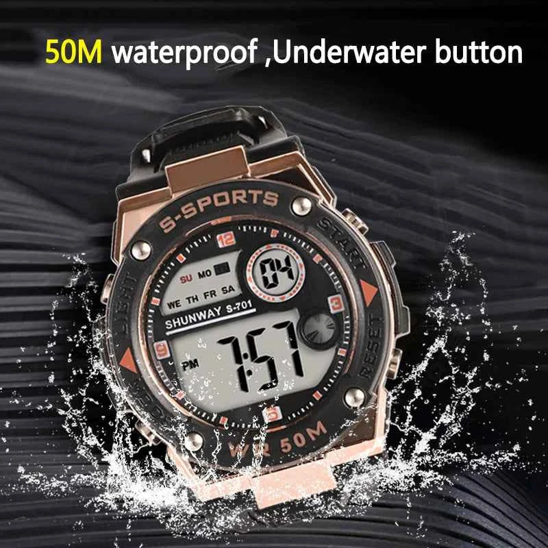 Digital sports watch - blue color with luminous display and plastic band