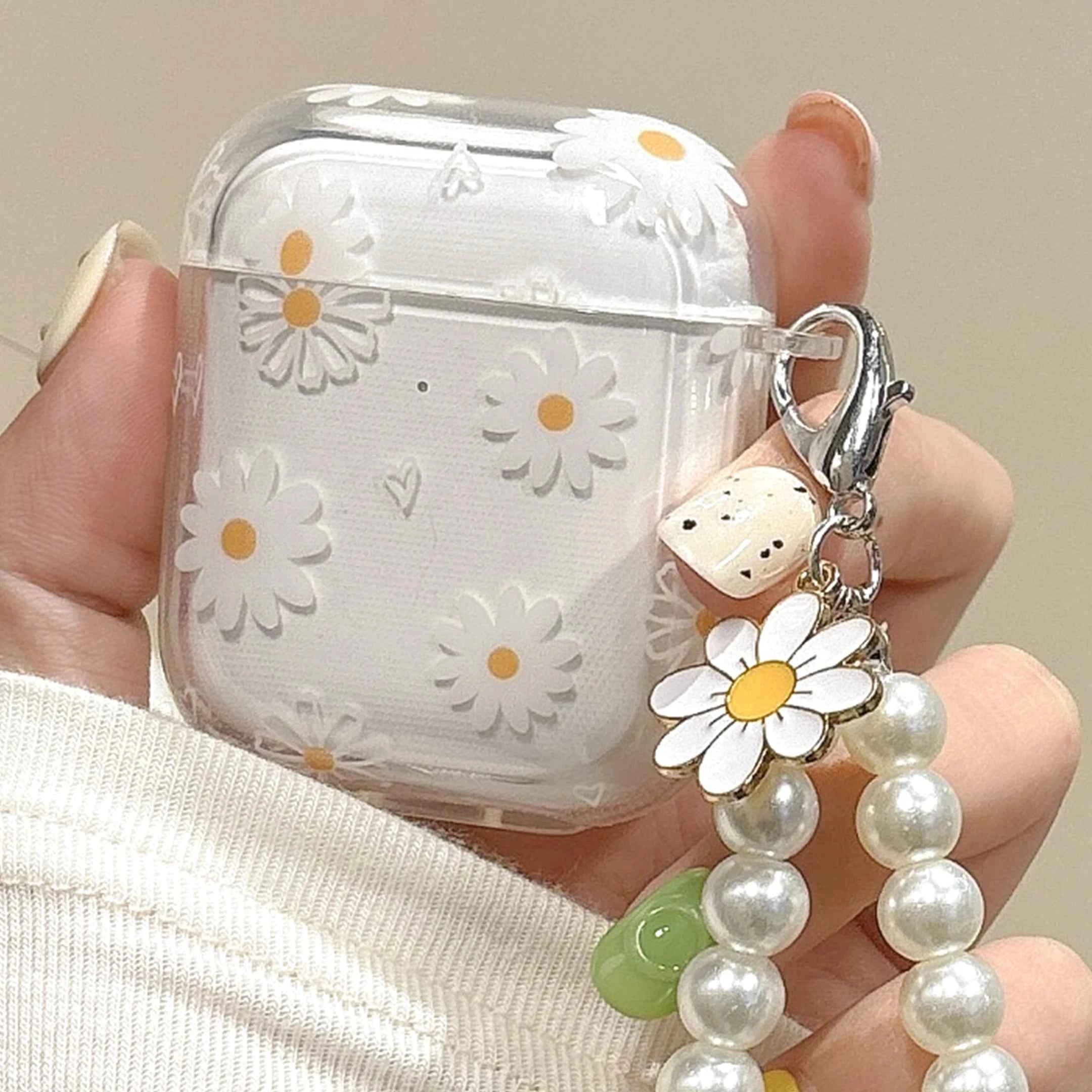 Pearl AirPods case - TPU flower pattern cover with imitation pearl chain for AirPods Pro