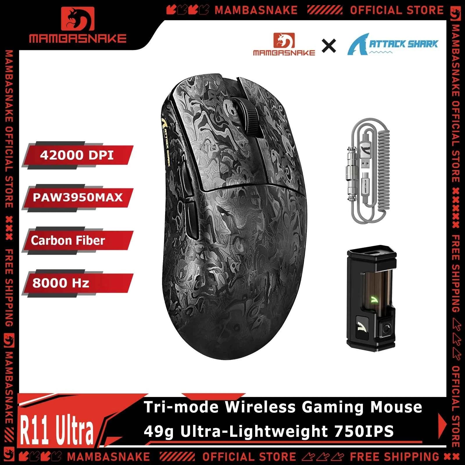 Carbon fiber gaming mouse - ultra-light 49g with black carbon fiber texture and RGB lighting on desk setup