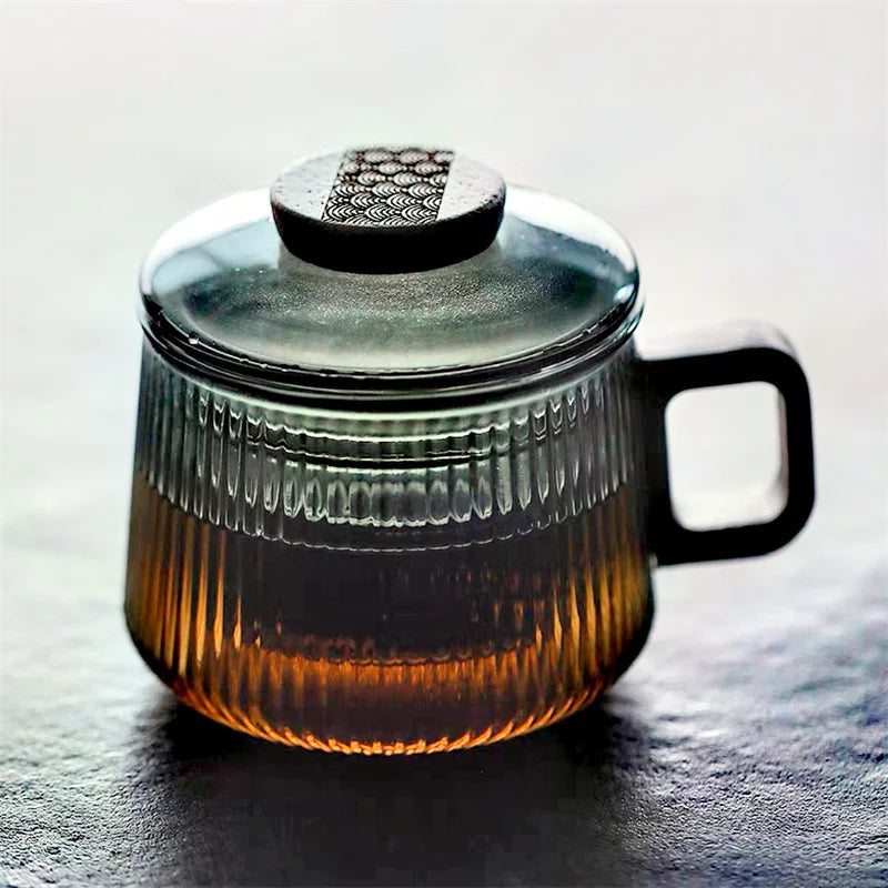 Glass Tea Mug - Clear striped borosilicate glass mug with wooden handle and tea-water separation