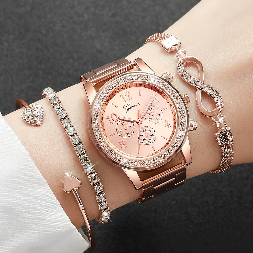 Elegant Ladies Quartz Watch Set - Luxury Rhinestone Steel Band