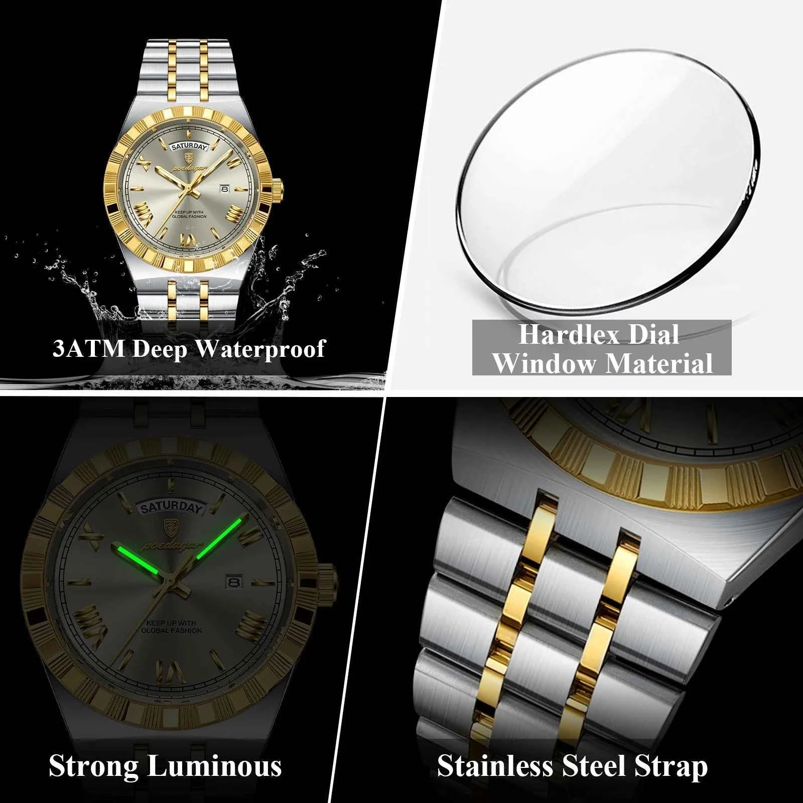 POEDAGAR Fashion Business Men's Watch Luminous Waterproof Week Date Luxury Man Wristwatch Stainless Steel Quartz Watches For Men