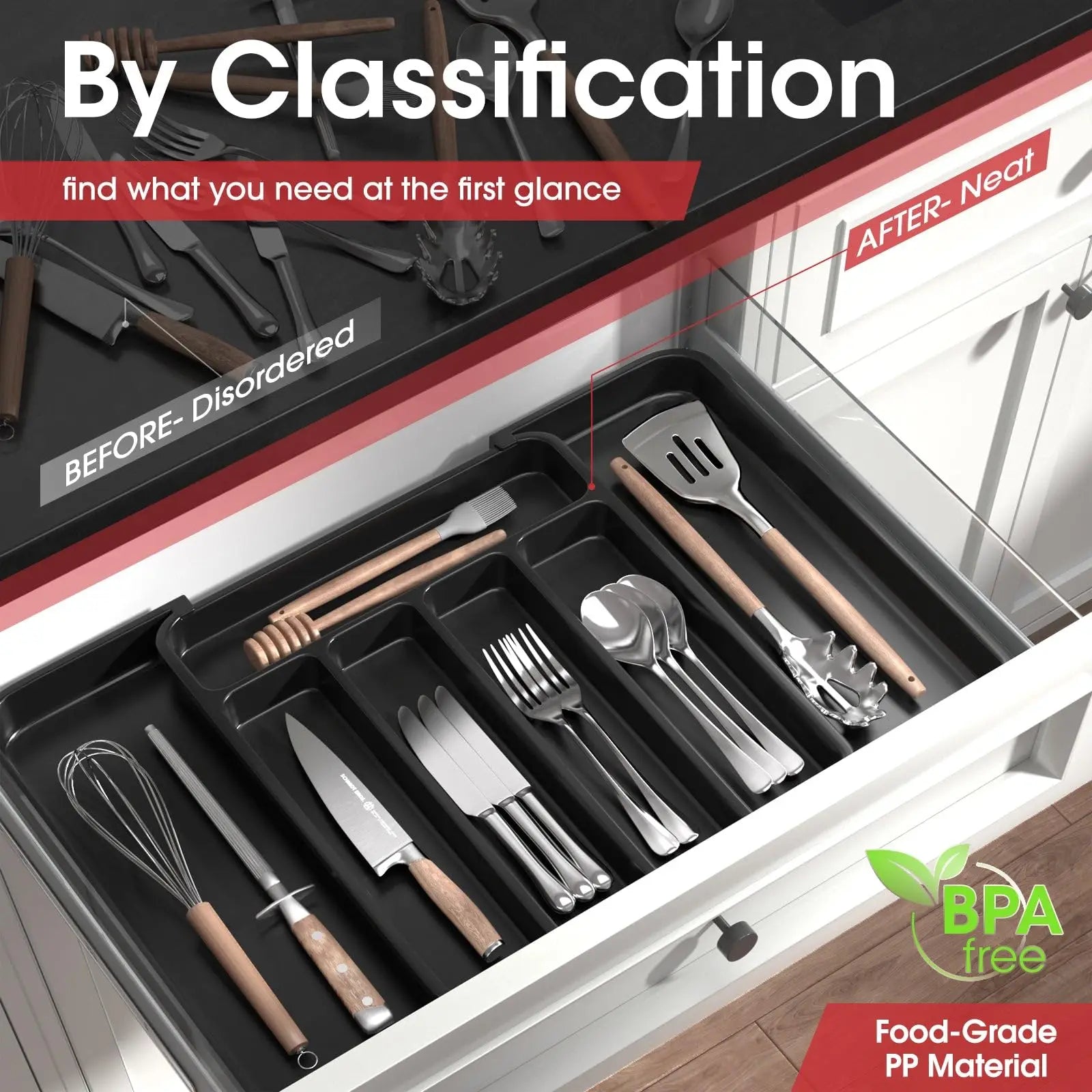 Premium Expandable Drawer Organizer - Adjustable Utensil Tray