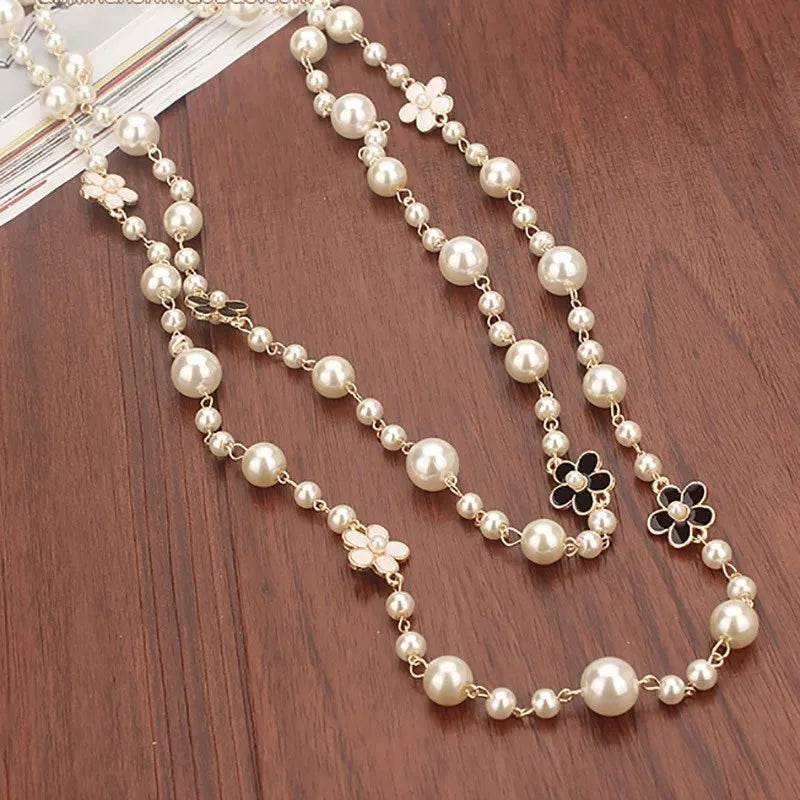 Elegant Long Pearl Necklace - Multilayer Camellia Flower Design