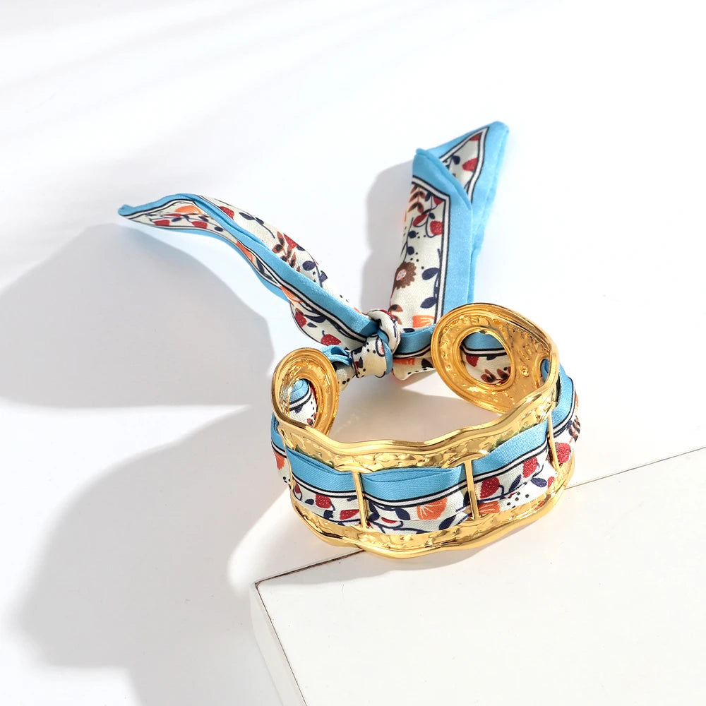 Elegant Silk Cuff Bracelet - Gold & Silver Retro Design