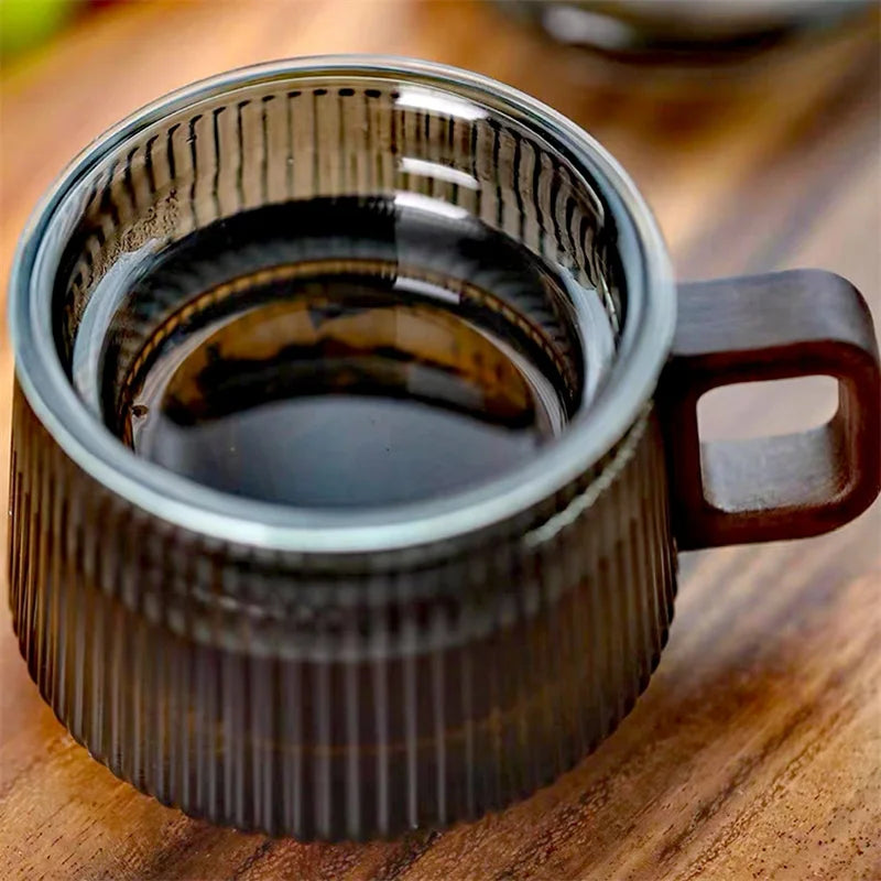 Premium Striped Glass Tea Mug - Wooden Handle & Separator