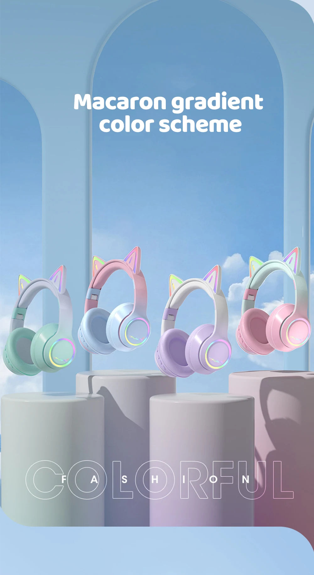 Premium RGB Cat Ear Headphones - Wireless Bluetooth 5.3 & Mic