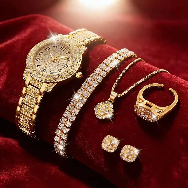 Elegant Women Gold Watch Set - Quartz Diamond Wristwatch