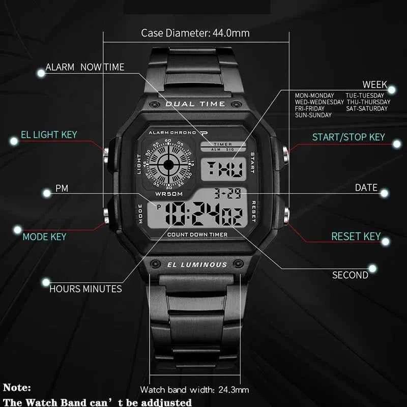 Luxury Men's Digital Watch - Stainless Steel Waterproof LED