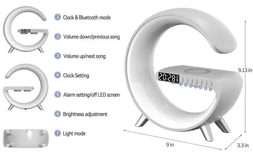Premium Wireless Charger Desk Lamp with Bluetooth Speaker & RGB Night Light