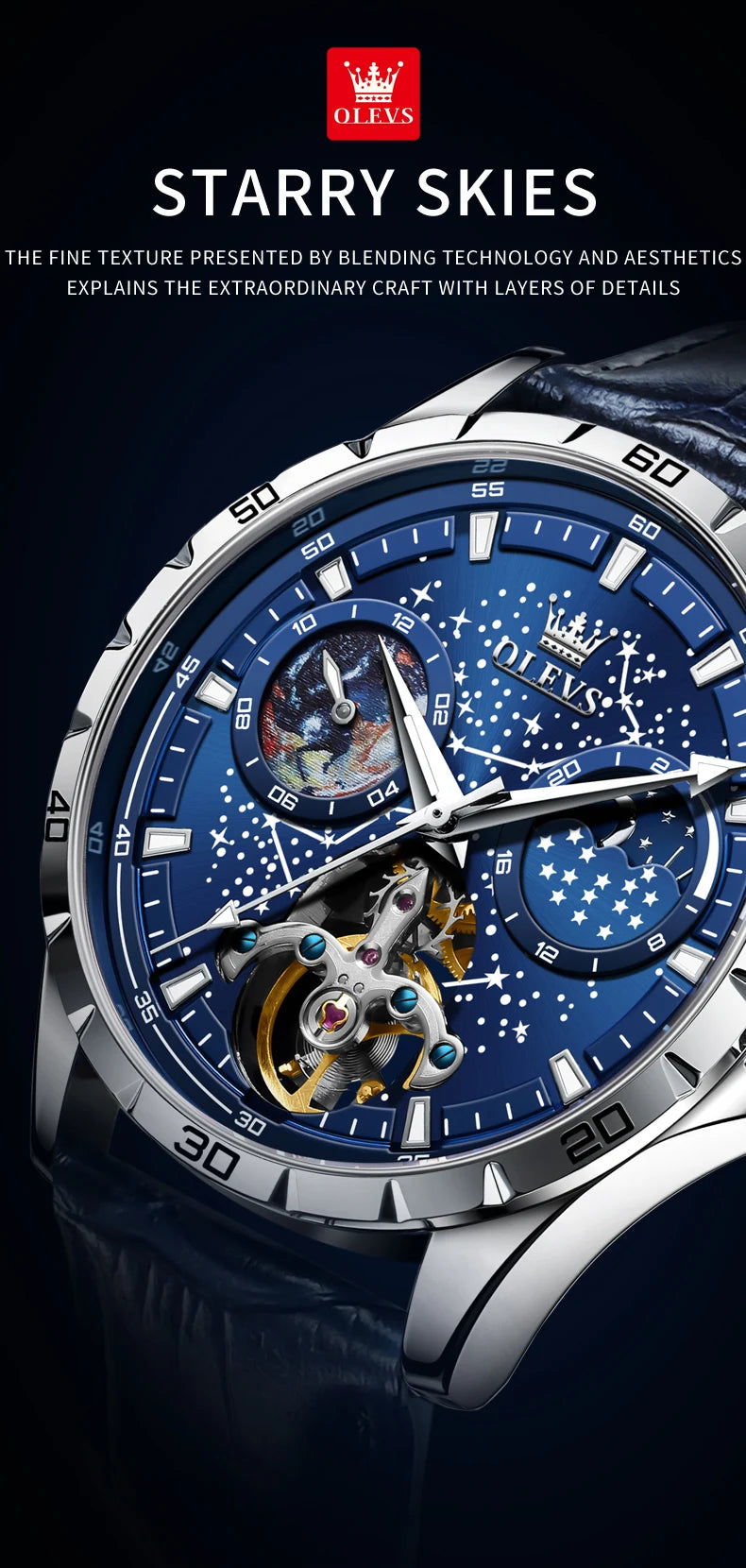 Luxury Men's Moon Phase Watch - Skeleton Chronograph