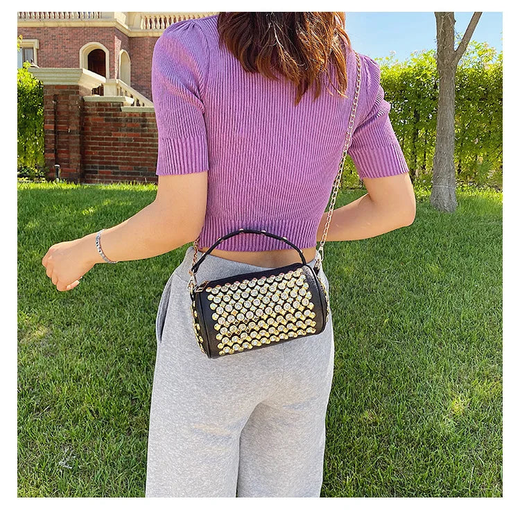 Elegant Cylindrical Shoulder Bag - Luxury Studded Design