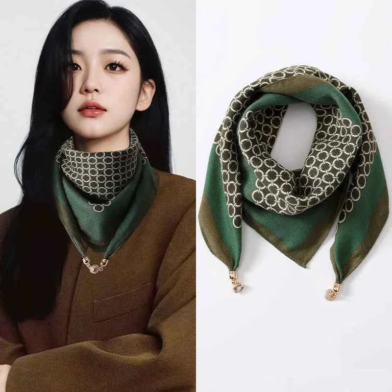 Luxury Silk Square Scarf - Magnetic Buckle & Print