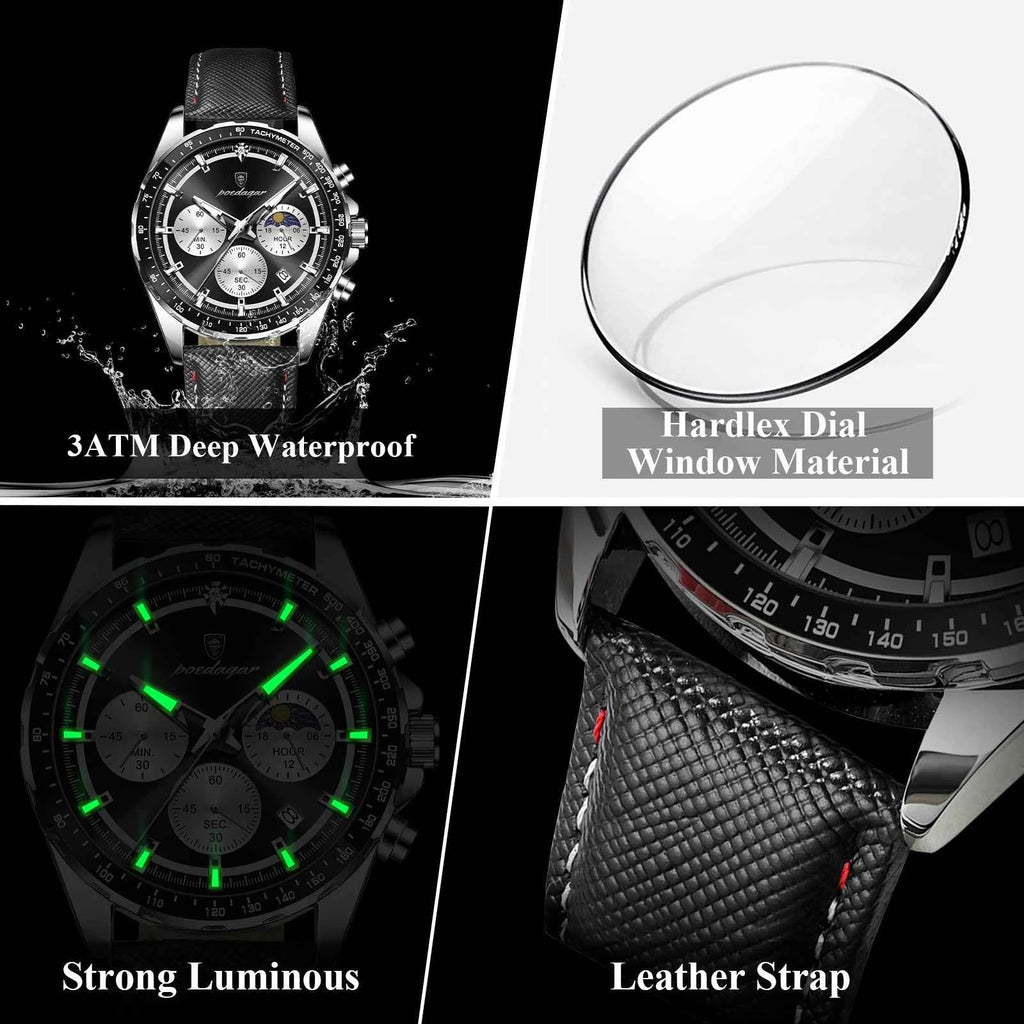 POEDAGAR Fashion Men's Watches High Quality Luminous Waterproof Male Wristwatch Leather Chronograph Date Sports Quartz Men Clock
