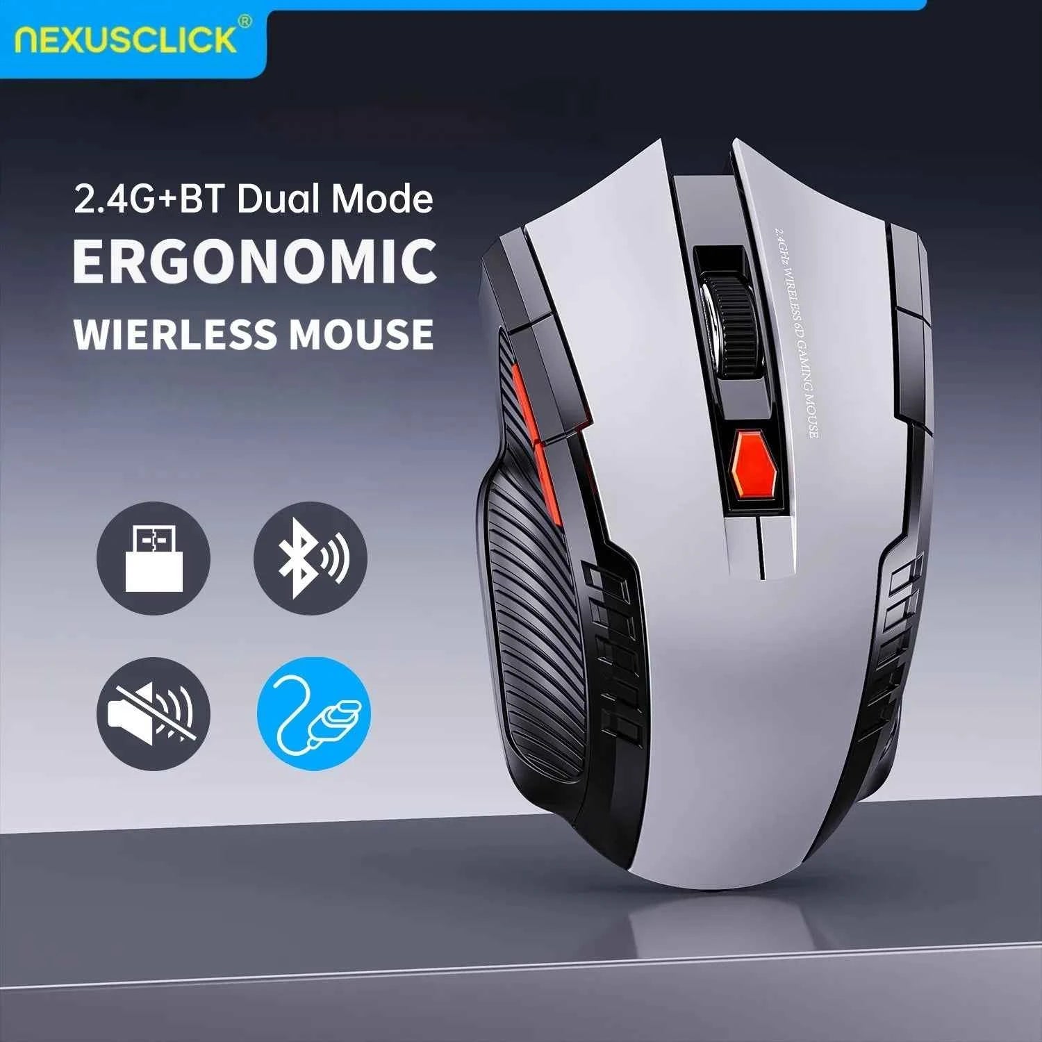 Silent wireless mouse - ergonomic black design with USB receiver on desk