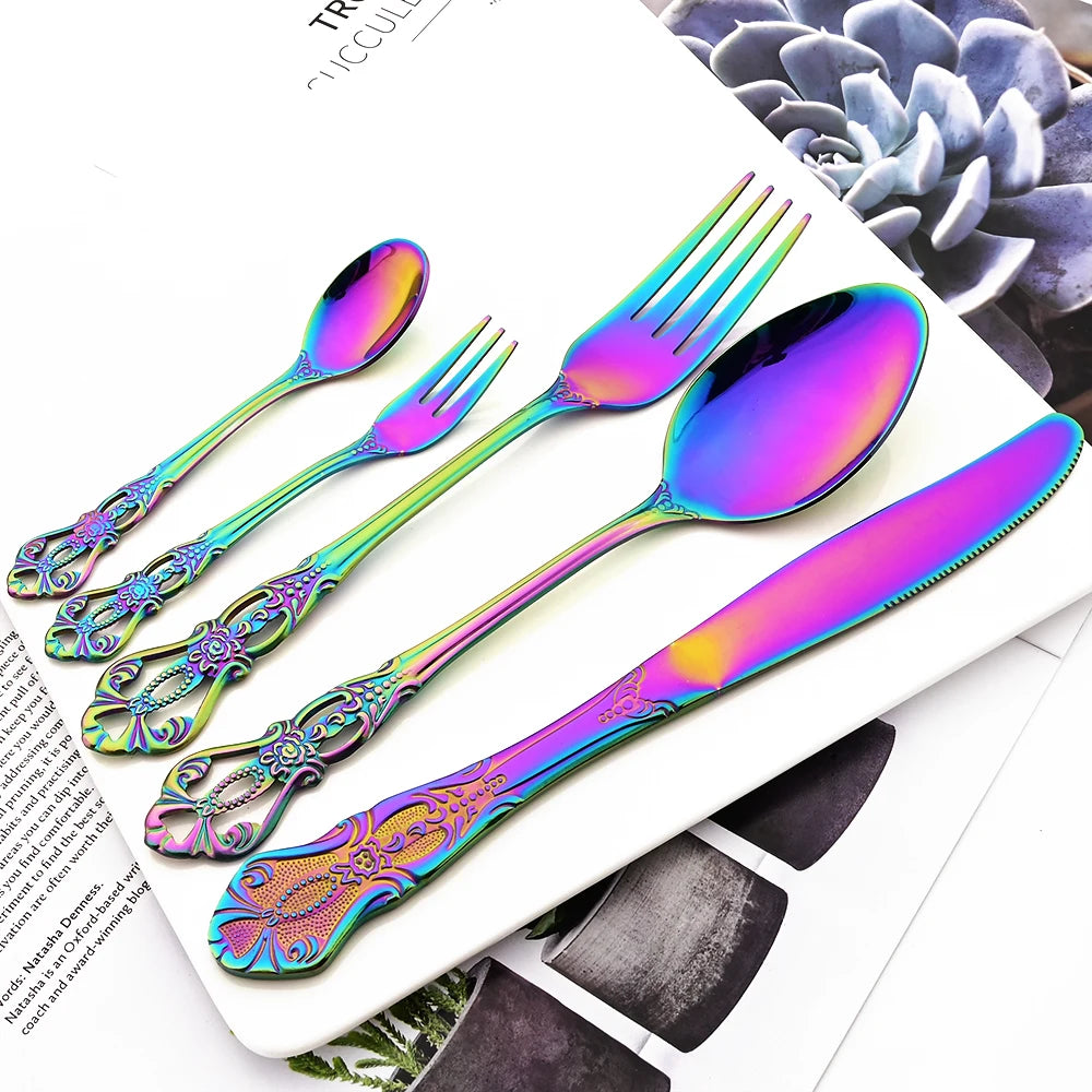 Elegant Rainbow Stainless Steel Flatware Set - Vintage Style