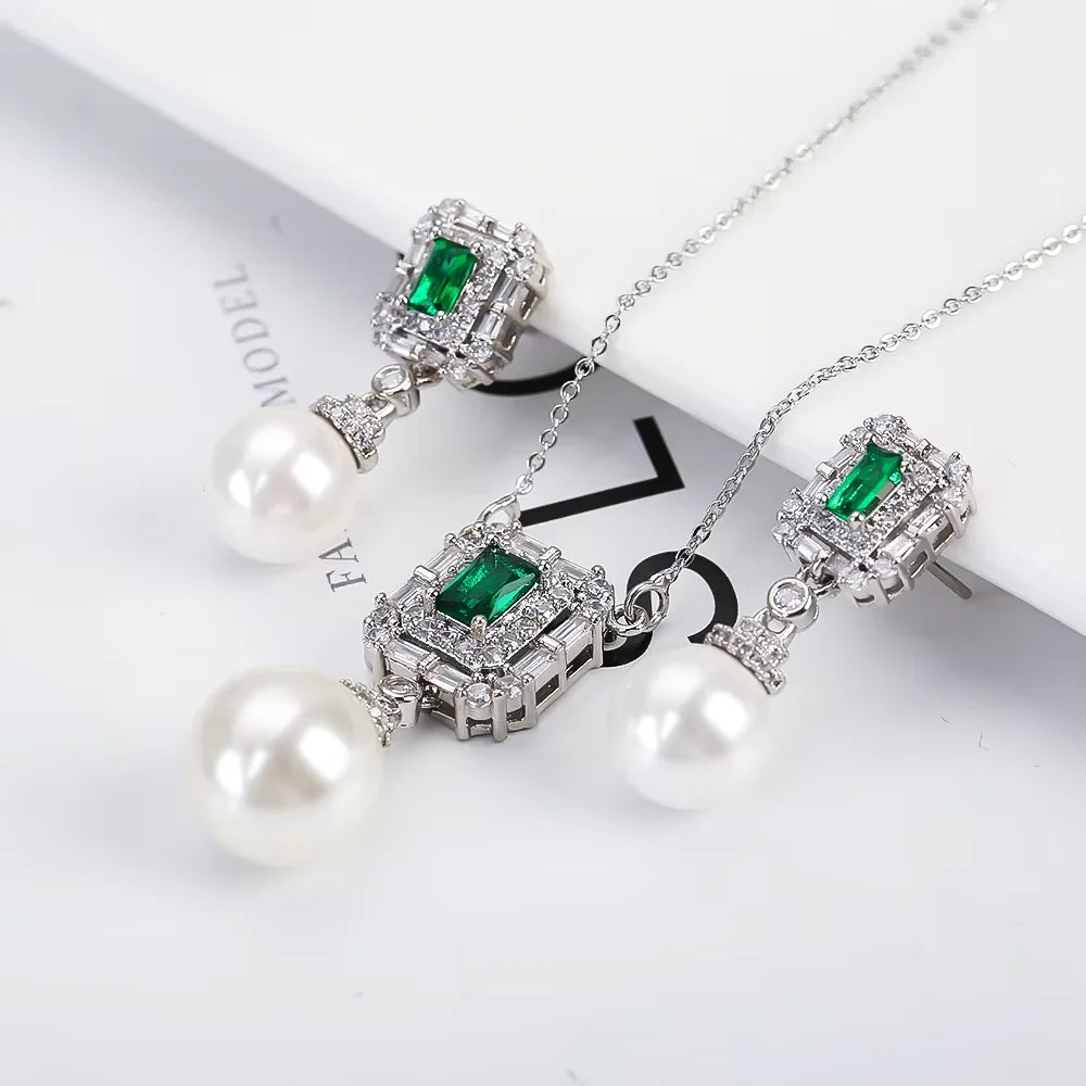 Luxury Pearl Pendant Necklace Earring Set - 18K Gold Plated