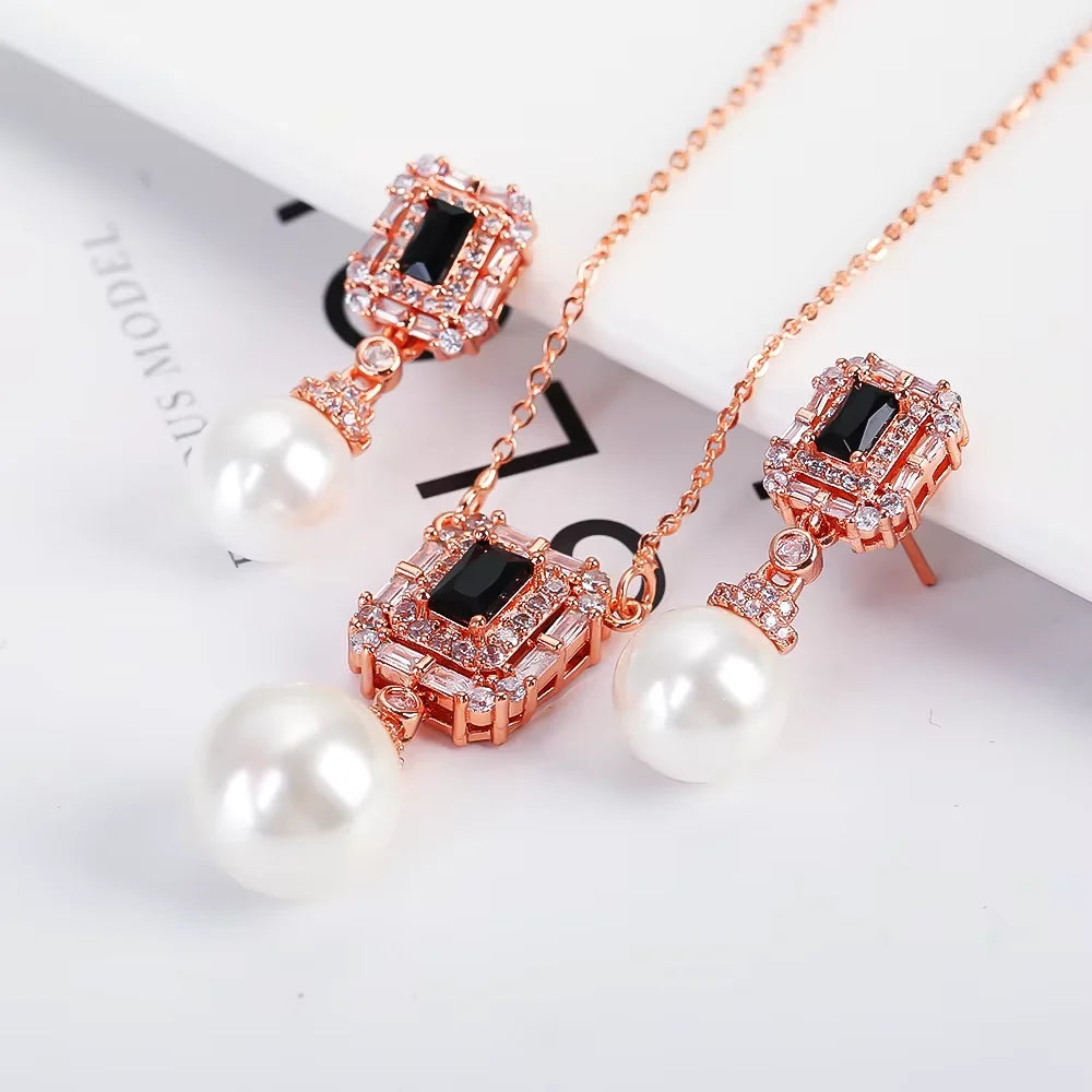Luxury Pearl Pendant Necklace Earring Set - 18K Gold Plated