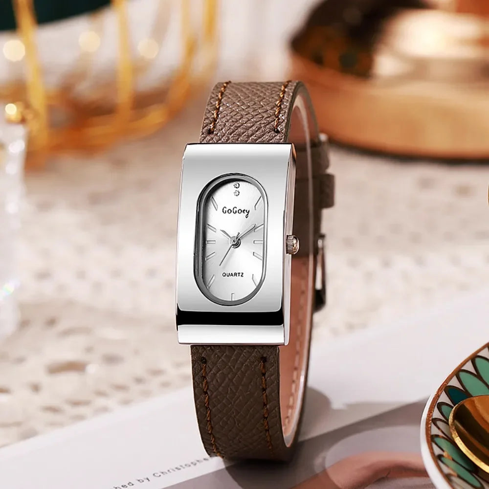 Elegant Ladies Rectangular Quartz Watch - Leather Strap