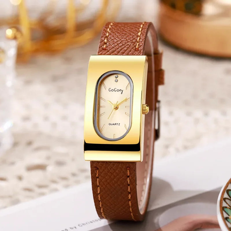 Elegant Ladies Rectangular Quartz Watch - Leather Strap