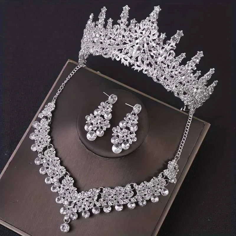 Elegant Crystal Crown Necklace & Earring Bridal Set