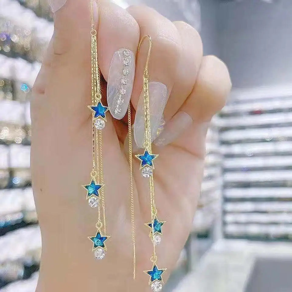 Elegant Blue Heart Zircon Tassel Dangle Earrings