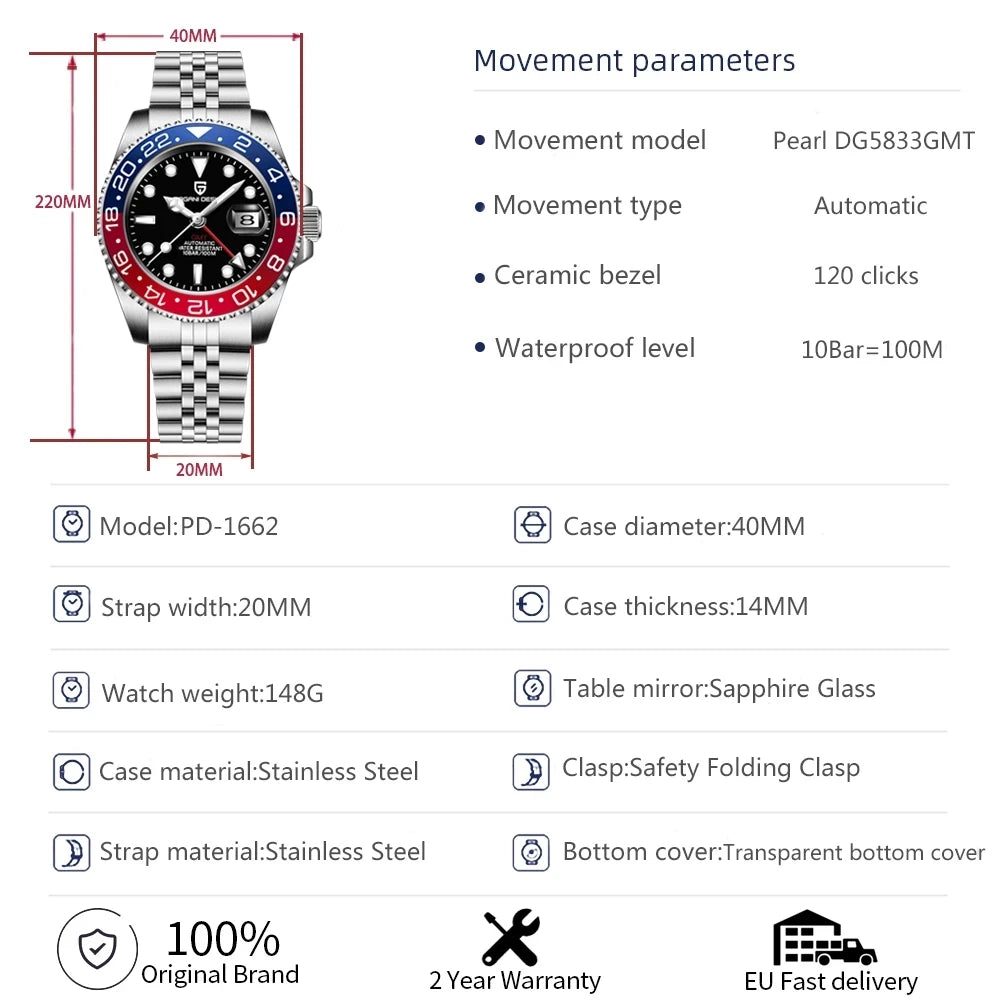 Luxury Automatic GMT Watch - 40mm Sapphire & Steel
