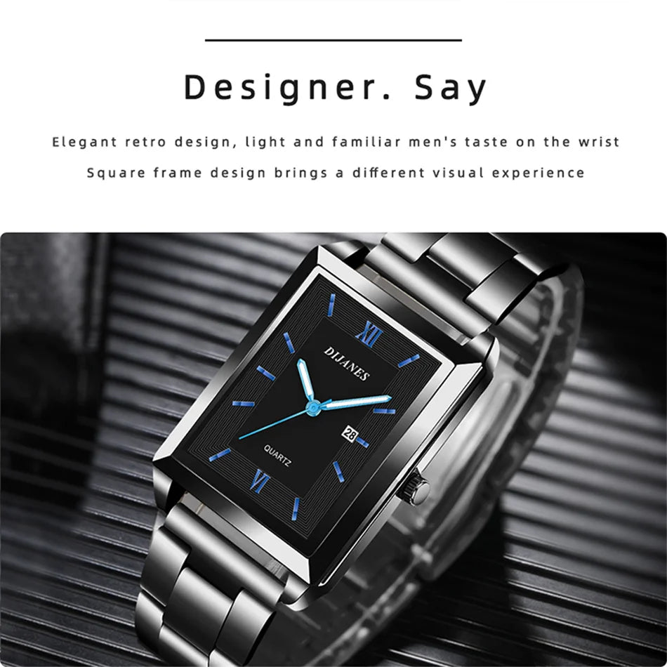 Elegant Men's Rectangle Watch - Stainless Steel Quartz