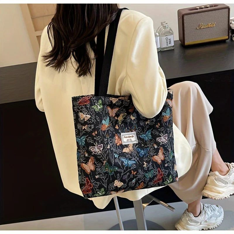 Elegant Butterfly Canvas Bag - Embroidered Shoulder Tote
